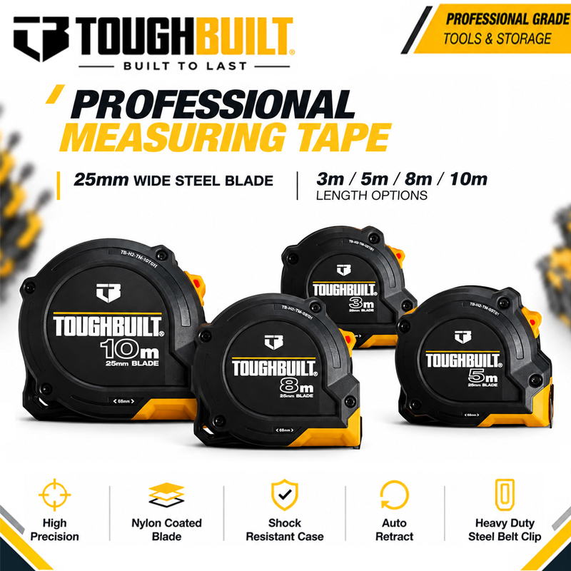 Stanley Tape 25Ft - TOUGHBUILT 3m/5m/8m/10mシリーズ スチール製巻尺、幅25mmのナイロンコーティング刃、自動巻き取り式巻尺（建設用）